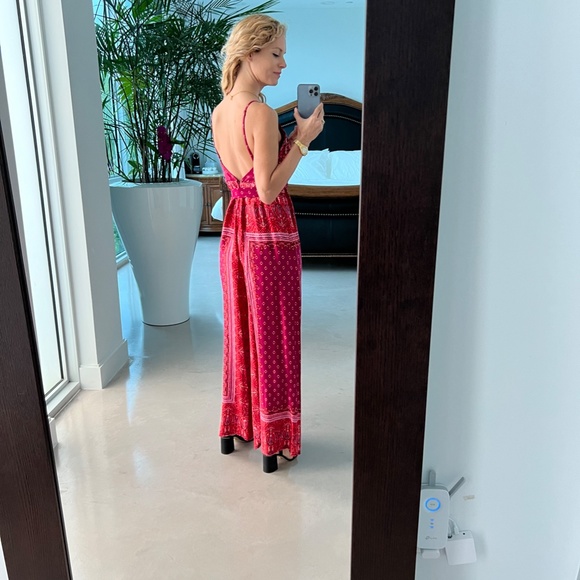Long Red Jumpsuit Spaghetti Strap V-neck Asian Print Free People by Urban Outfit - Picture 4 of 8